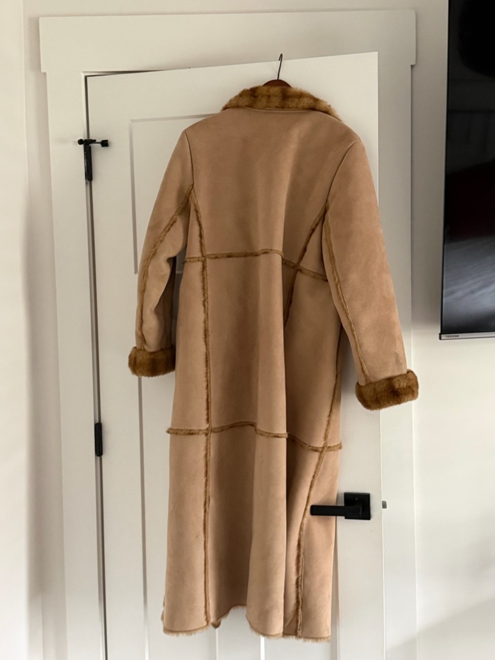 Talbots Long Shearling Trench Coat in Camel - Picture 2 of 5